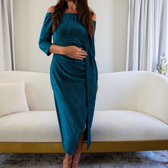 Glitter Off The Shoulder Half Sleeves Ruched Slit Hem Dress - Picture 4 of 9